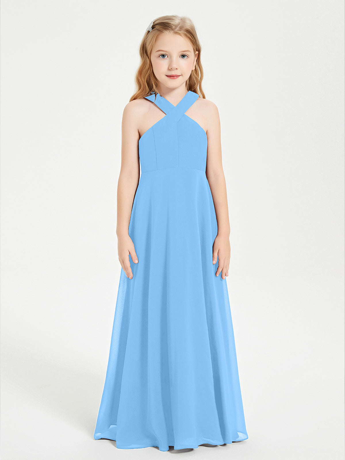 Grecian Neckline Long Dresses for Junior Bridesmaids Blue